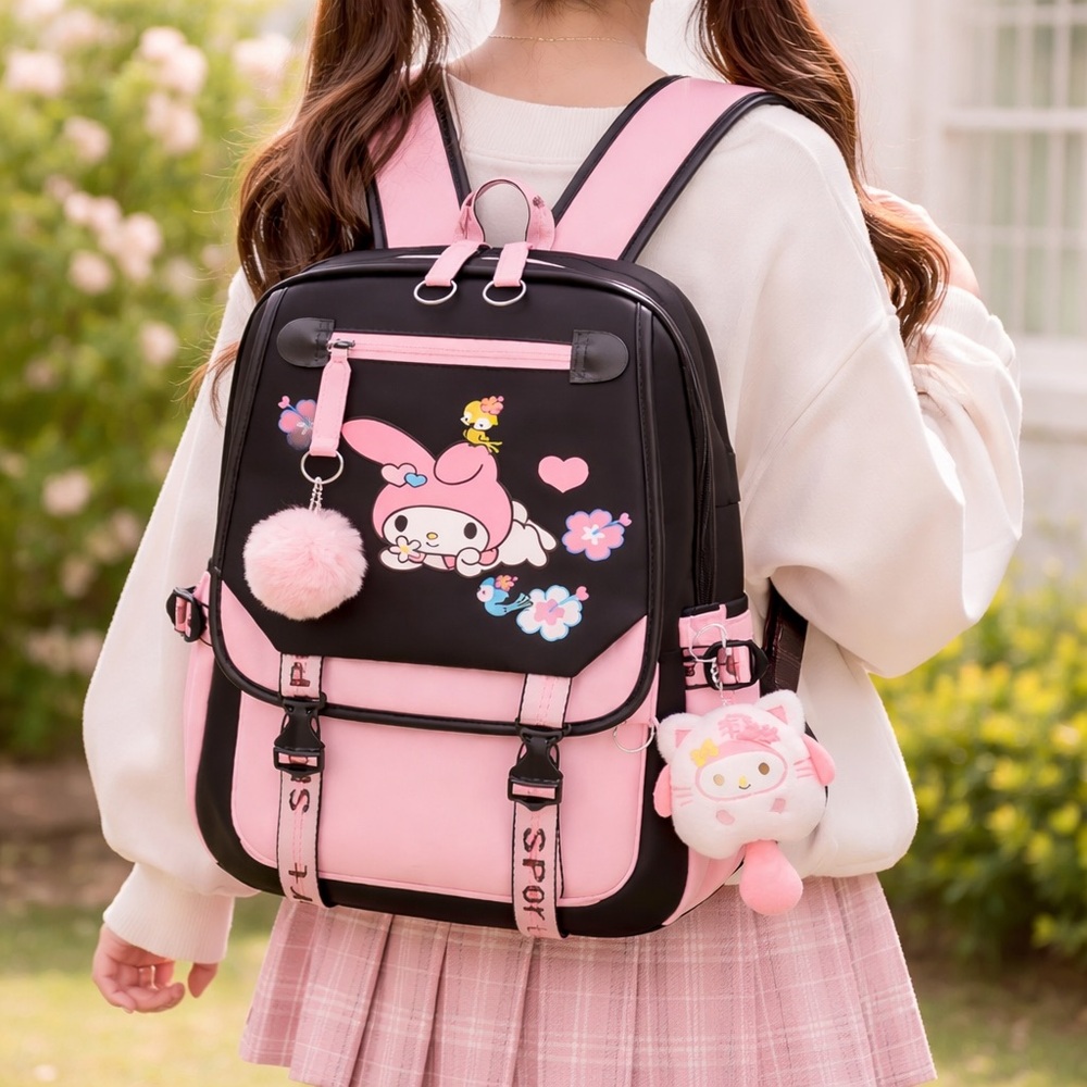 My Melody Backpack USB Charge Laptop Backpack Rucksack Travel Bag w Plush Charms - Picture 17 of 17